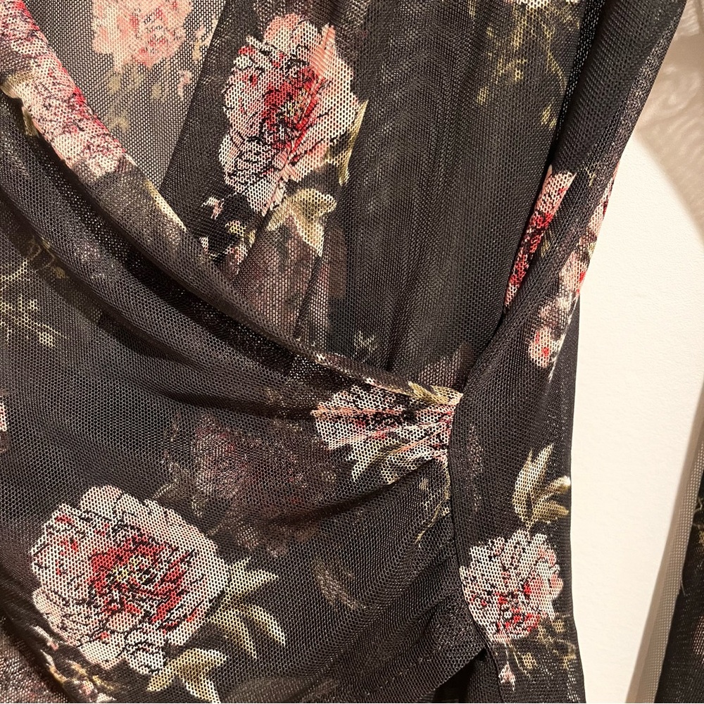 BONGO Black Pink Floral Sheer Mesh Top Bell Flutter Sleeves Y2K Ballet Wrap S - Picture 2 of 5